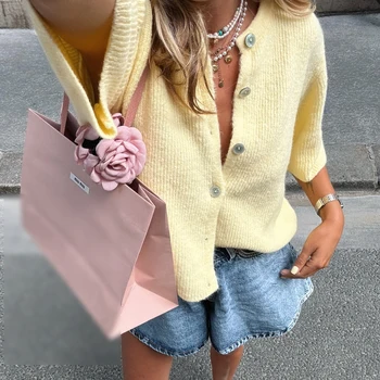 Women Knitted Crop Cardigan Shirt Short Sleeve Button Down Ribbed Knit Crop Top Y2k Girls Outwear Top Tee Shirt for Winter Fall 5