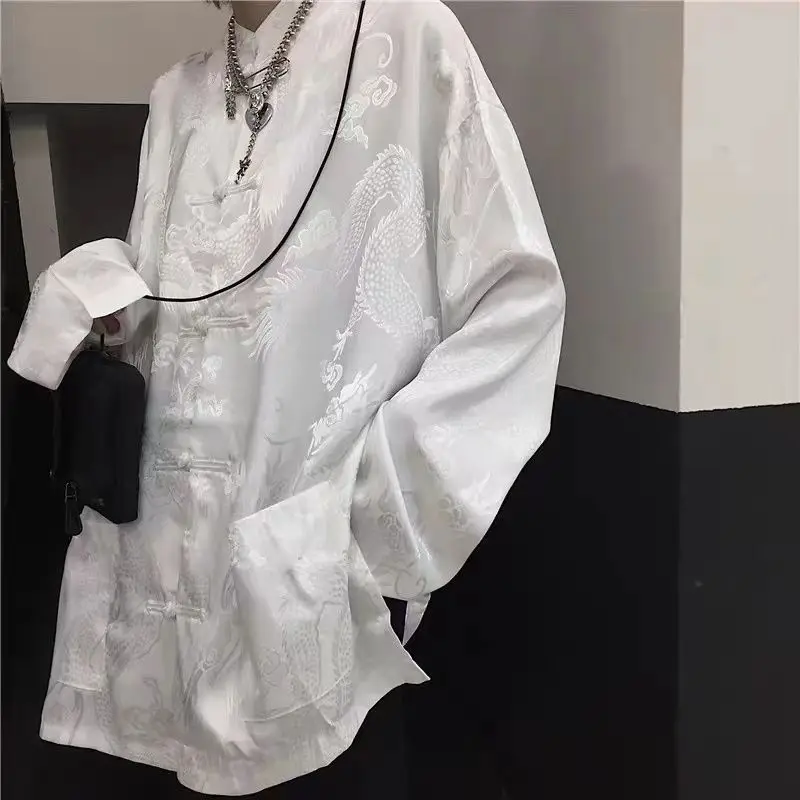 Chinese Style Retro Tang Style Shirt Men's Dark Dragon Pattern Loose Button Casual Spring Autumn Shirt Unisex