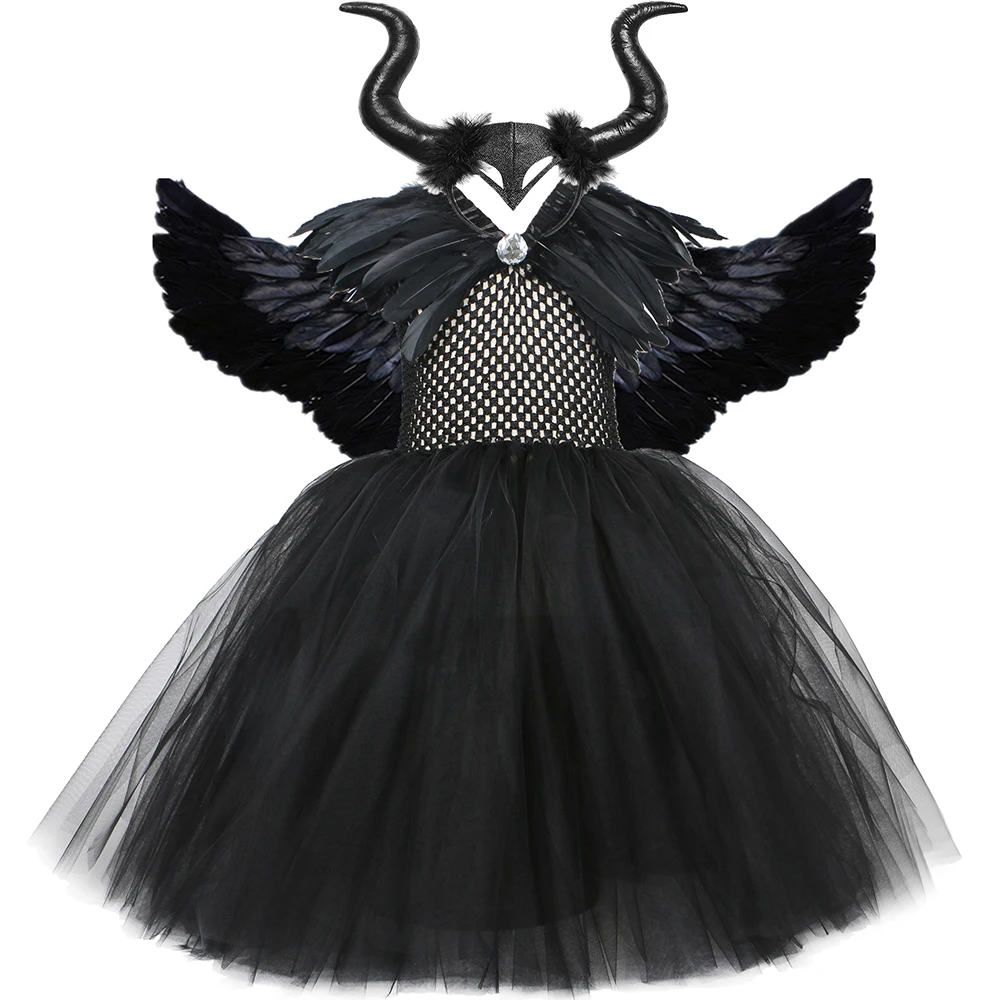 

Black Feather Halloween Costumes For Girls Kids Evil Queen Long Tutu Dress With Horns Wings Villian Witch Cosplay Outfit Set 12Y