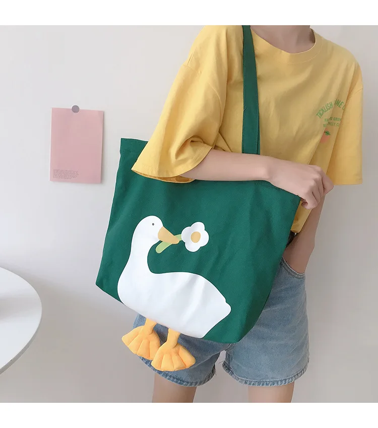 Cute Design Women's Canvas Shoulder Bag Lovely Duck Embroidery Student  Girls School Book Tote Handbags Female Large Shopper Bags