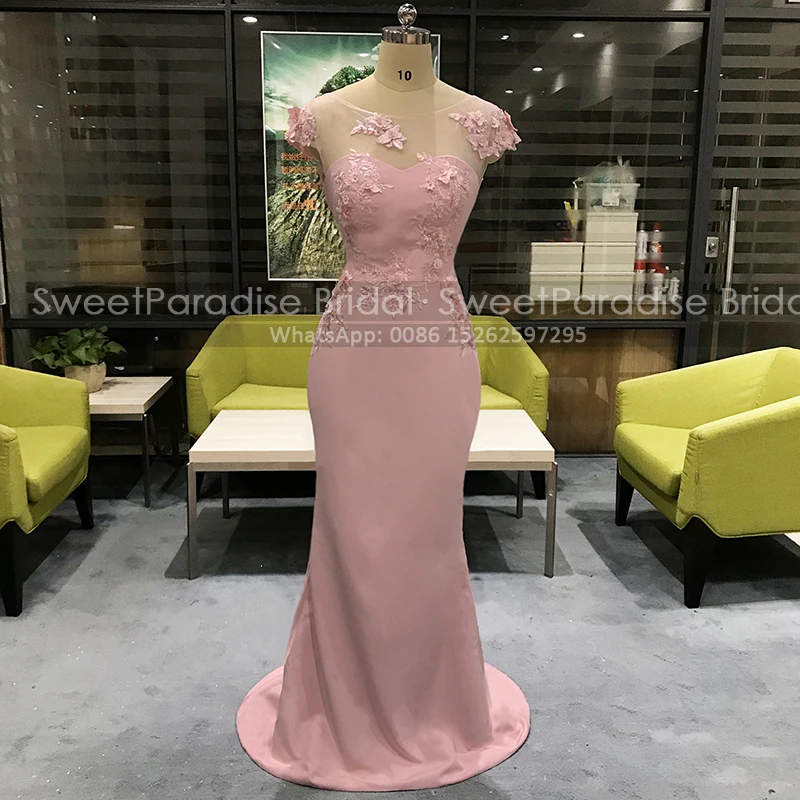 

Floral Appliques Mermaid Bridesmaid Dresses With Capped Sleeves Transparent Neck Long Real Picture Pink Wedding Party Dress