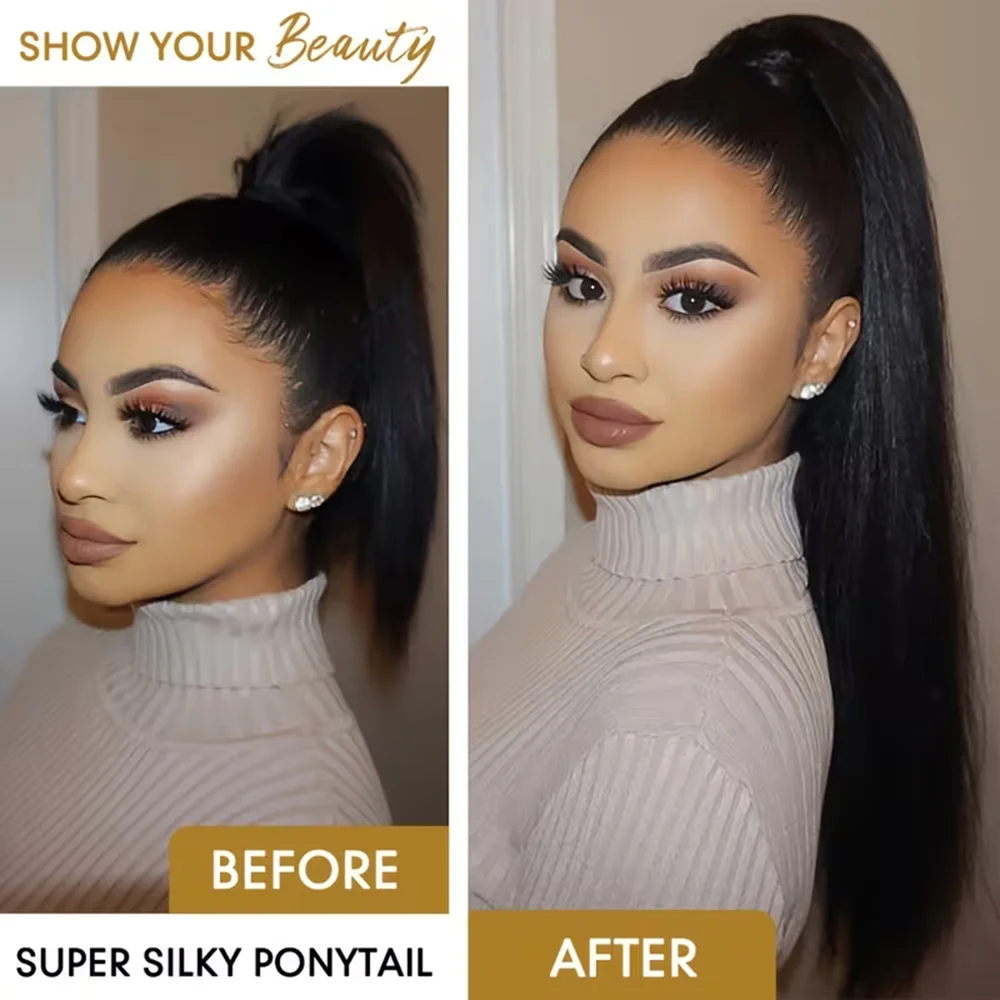 Shesbeauty 26Inch Yaki Straight Drawstring Ponytail Straight Clip-In Hair Extensions Synthetic Full and Thick Ponytail for Women