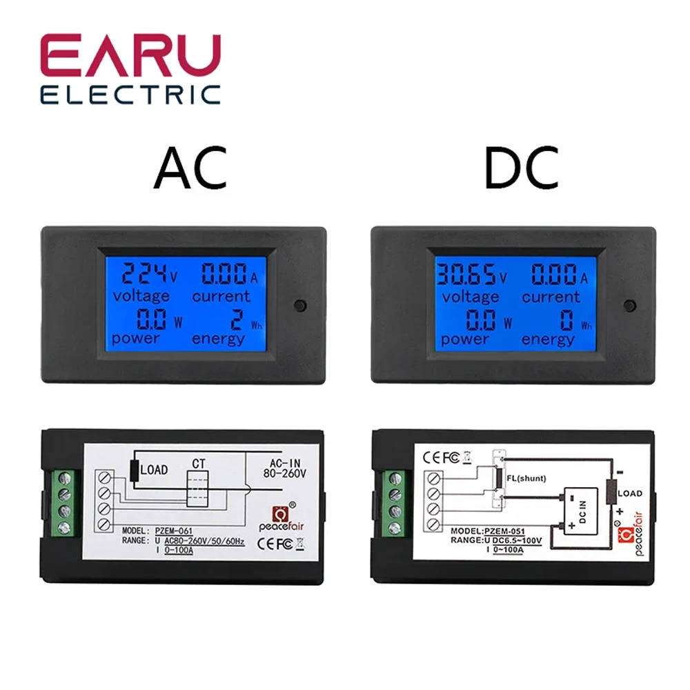 Power Meter Energy Meter Digital Multimeter 20A 100A AC 80-260V DC 6.5-100V Digital LED Display Voltmeter Ammeter Wattmeter Power Energy Meter 12V 24V 110V 220V Volt Tester