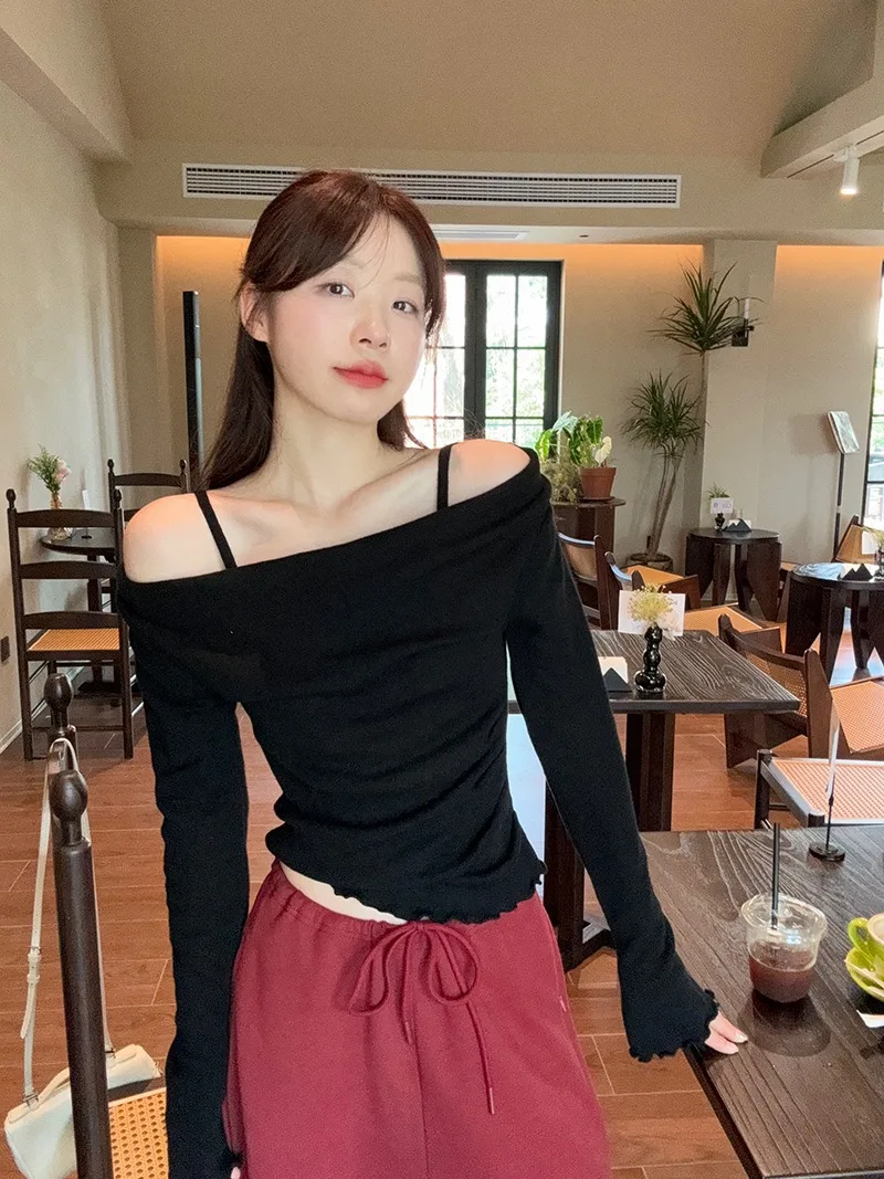 Fake Two-piece Off Shoulder Long Sleeve T-shirt Women's Sexy Slash Neck Flare Sleeve Base Shirt Top Autumn Casual Slim Fit Tops