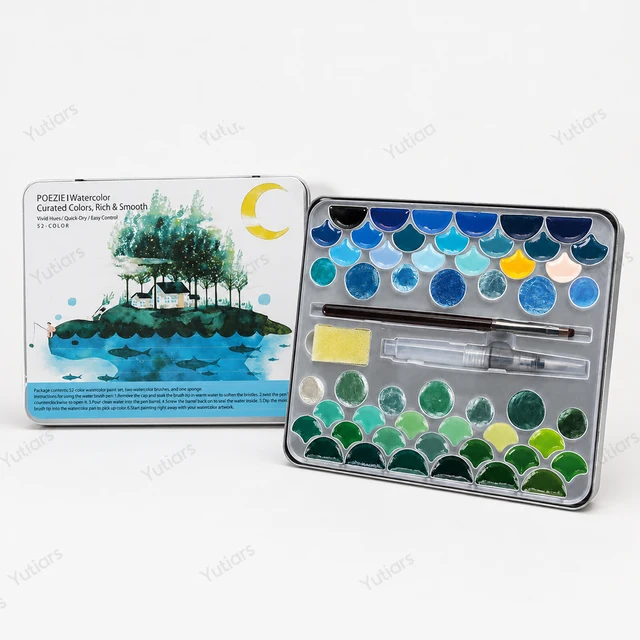 52 Colors Portable Watercolor Set in Metal Tin with Shell Paint Pans, Water Brush and Sponge for Artists, Students and Travel 1