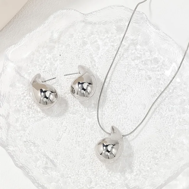 Water Drop Shape Jewelry Set 2 Pcs Necklace Stud Earrings For Women Gold Silver Color Zinc Alloy Simple Style Woman Jewelry Gift 3
