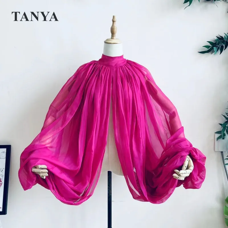 Hot Pink Silk Chiffon Wedding Cloak Puffy Sleeves Jacket Bridal Accessories Short Bolero Shawl Free Size High Neck With Buttons