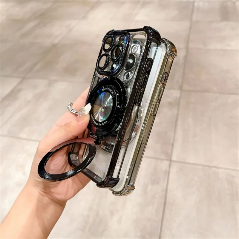Fashion Plating Shockproof Magnetic Bracket Case with Stand Holder and Clear Cover