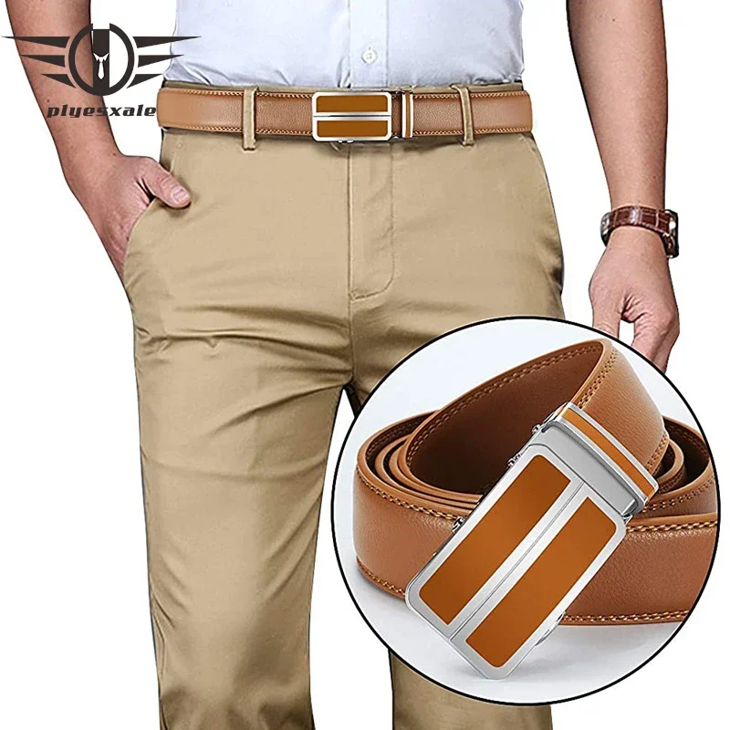 Plyesxale Red Black Light Brown Belt For Men Cowhide Mens Genuine Leather Dress Belt Automatic Buckle Formal Belts Male B272