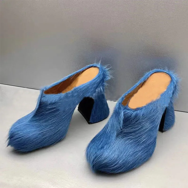 

New Baotou Horse Hair Coarse Heel Waterproof Platform Women's Slippers Muller Shoes Thick Sole Cake Shoes Large Size Slippers