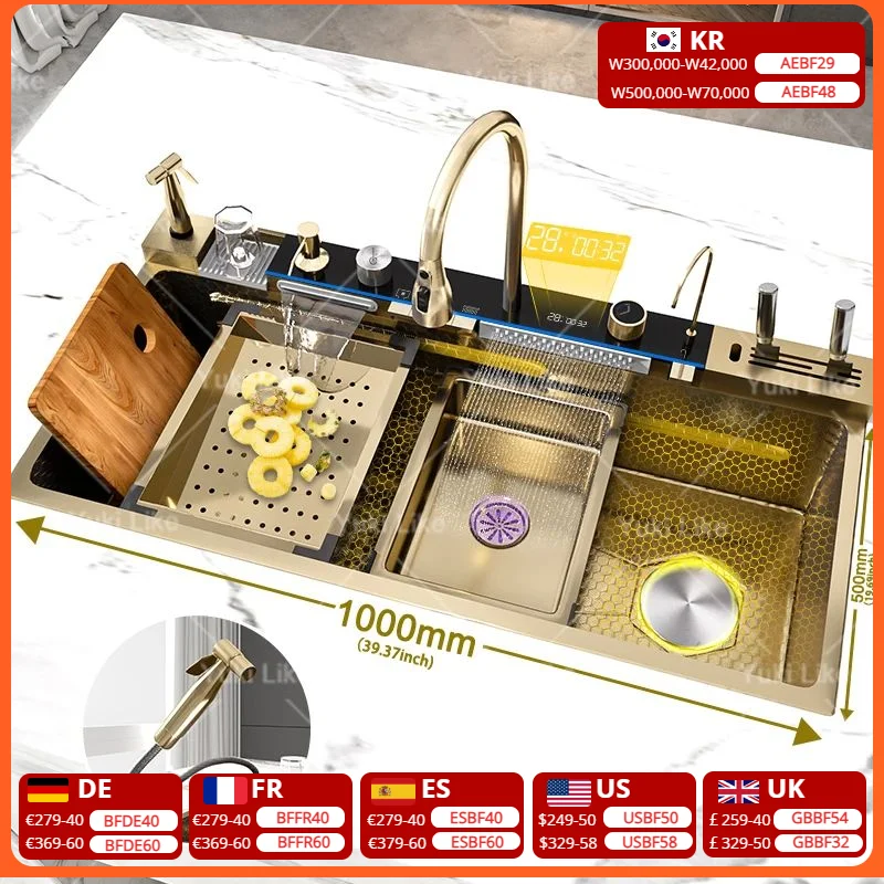 สแตนเลสสตีลน้ําตกอ่างล้างจานทองนูนขนาดใหญ่พิเศษ Single Slot ดิจิตอลจอแสดงผลอ่างล้างจาน 100x50 ซม. 1