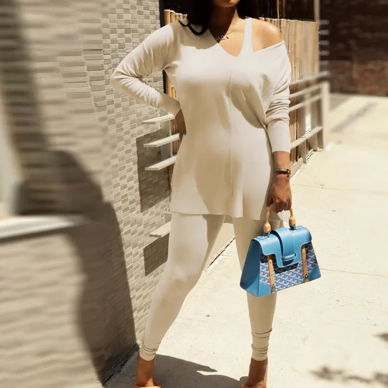Casual Two-piece Pants Suit Autumn Sportswear Women's Autumn and Winter Double-sided Fleece Shoulder Wide Loose Shoulder Top