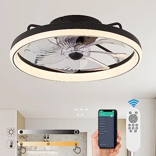 

Modern Ceiling Fan with Light -Ceiling Fan Flush Mount- Low Profile 20" Ceiling Fan with Remote Control LED Dimmable Lightin