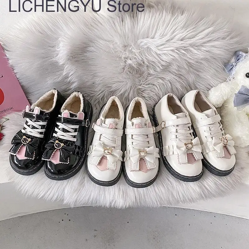 2023 Winter Japanese Lolita Soft Cute Female Student Jk Uniform Love Shoes Women Kawaii Bow Plush Warm Zapatillas Mujer