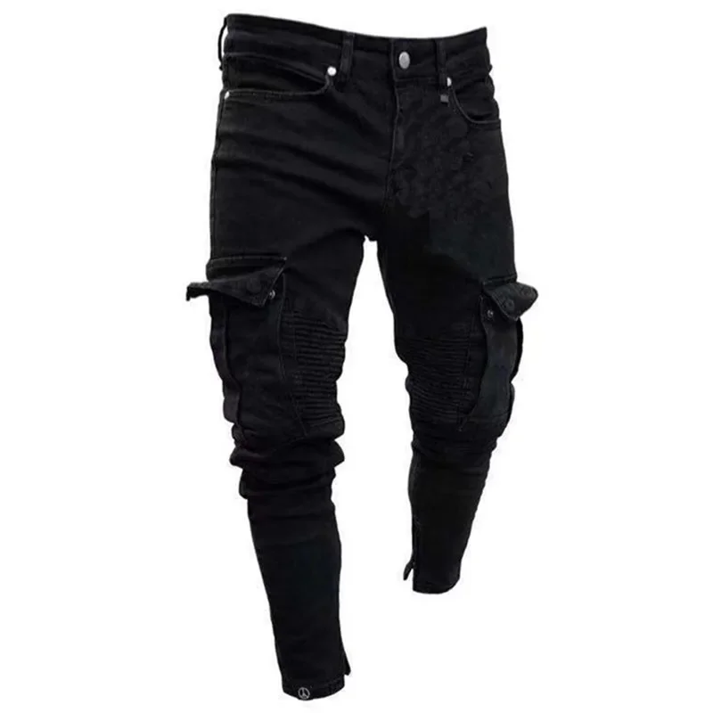 Multi-pocket Patchwork Slim Fit Jeans Men Washable Black Denim Pants Casual Trend Streetwear Male Chic Leg Zips Pencil Trousers