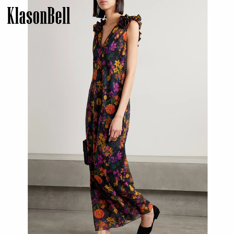 

3.4 KlasonBell Three-dimensional Flower Decoration V-Neck Backless Silk Print Elegant Maxi Dress Women 2024 Spring Summer New