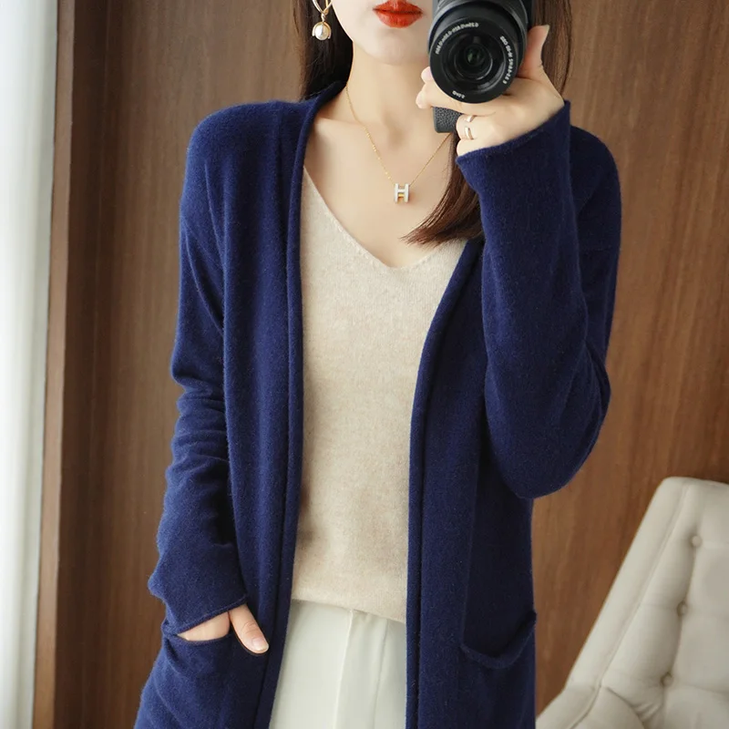 

23 New 100% Wool Long Cardigan Women's Autumn and Winter Versatile Thin Coat Curled Edge Design Medium Length Windbreaker