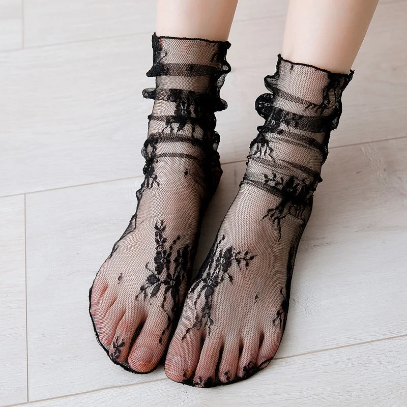 Women's Harajuku Socks Ladies Breathable Transparent Floral Lace Socks Sweet Mesh Fishnet Sock Soft Breathable Socks Hosiery Sox