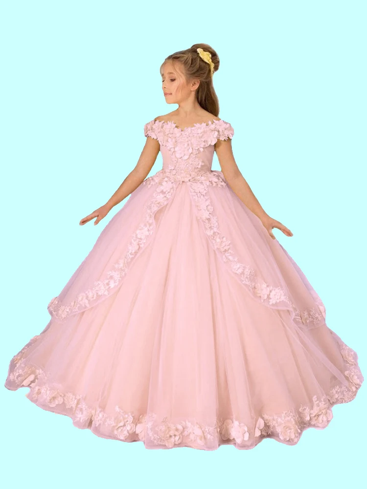 

Girls Off Shoulder Flower Girl Dresses For Wedding Toddlers 3D Appliques Tiered Tulle Pageant Dress Kids Birthday Party Gowns