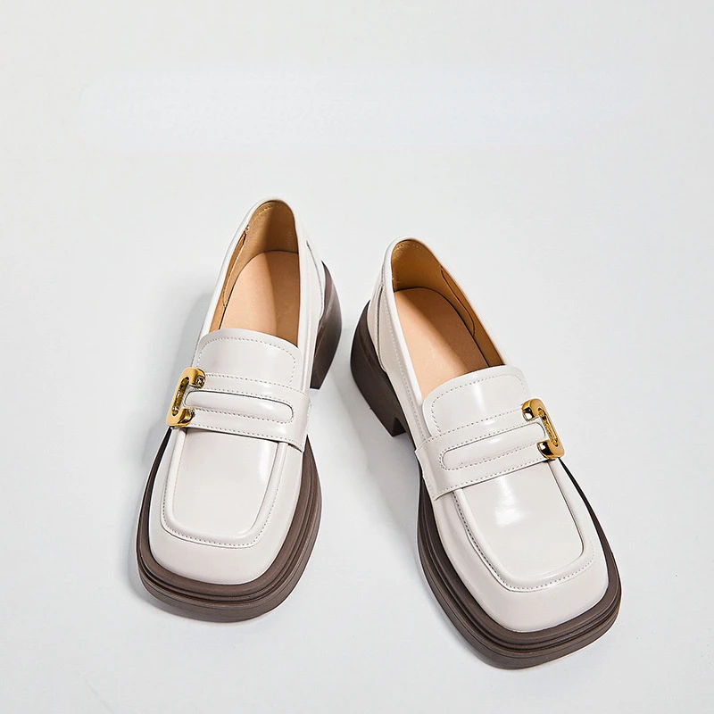 

Ladies spring square leather loafers with thick heels