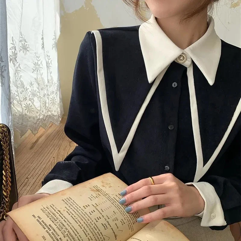 2024New Vintage Chiffon Shirts Women Elegant Patchwork Long Sleeve Blouses Office Lady Korean Black Turn Down Collar Casual Tops