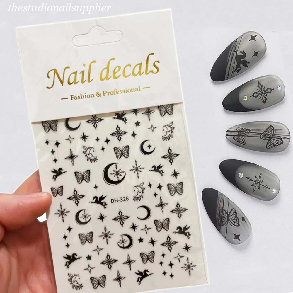 

1Sheet Black/White Nail Sticker 3D Flame/Lace/Moon Design Nails Art Decorations Adhesive Cute Paper Part Sliders Decals#8*10.5CM