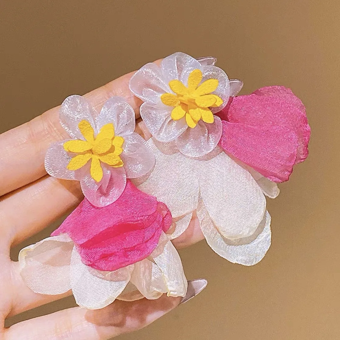 Ladies Korean style earrings yellow chiffon flower earrings, designer environmentally friendly retro summer vacation earrings