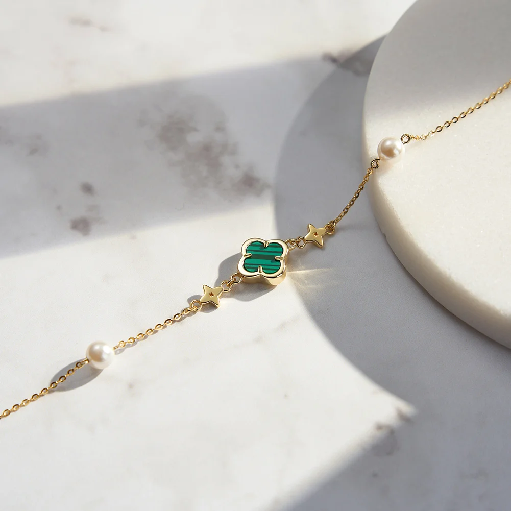 Silver Green Shell Four-Leaf Clover Bracelet O-Chain With Pearl