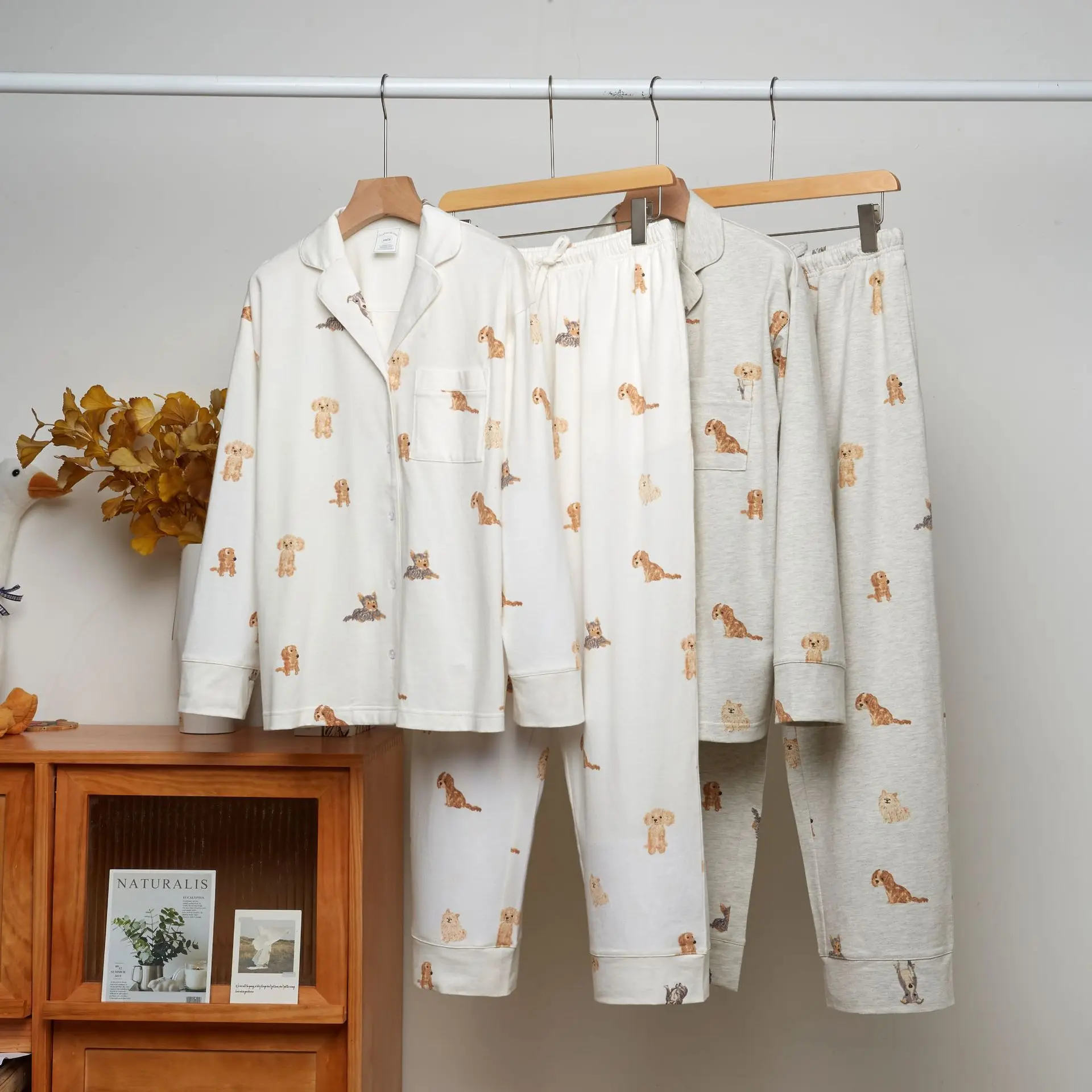 

NINIMON Puppy Print Cotton Lapel Single Breasted Loungewear Spring Fall Winter Pajamas Set Women Sleepwear Home Wear Pijamas