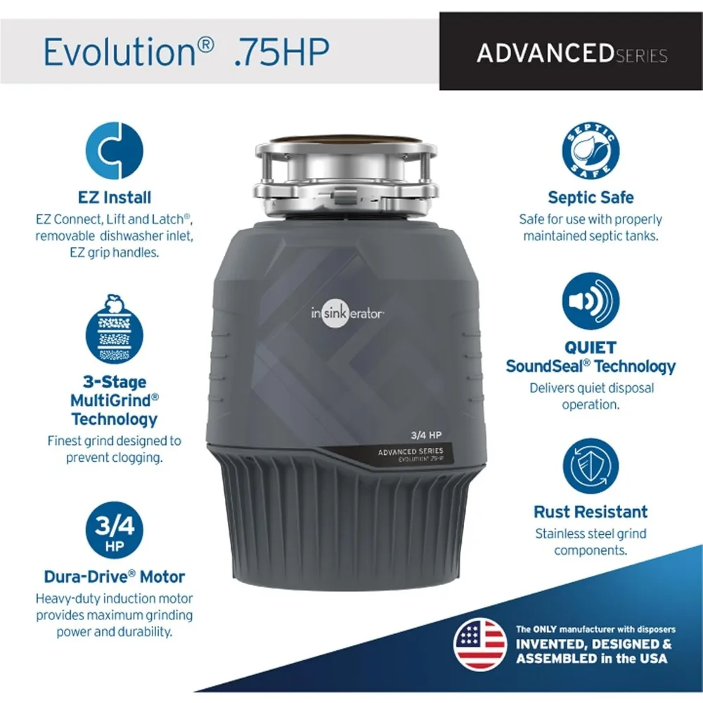 3/4 HP,Advanced Series Continuous Feed Food Waste Garbage Disposal,Gray,Garbage disposer with Quiet SoundSeal technology 2