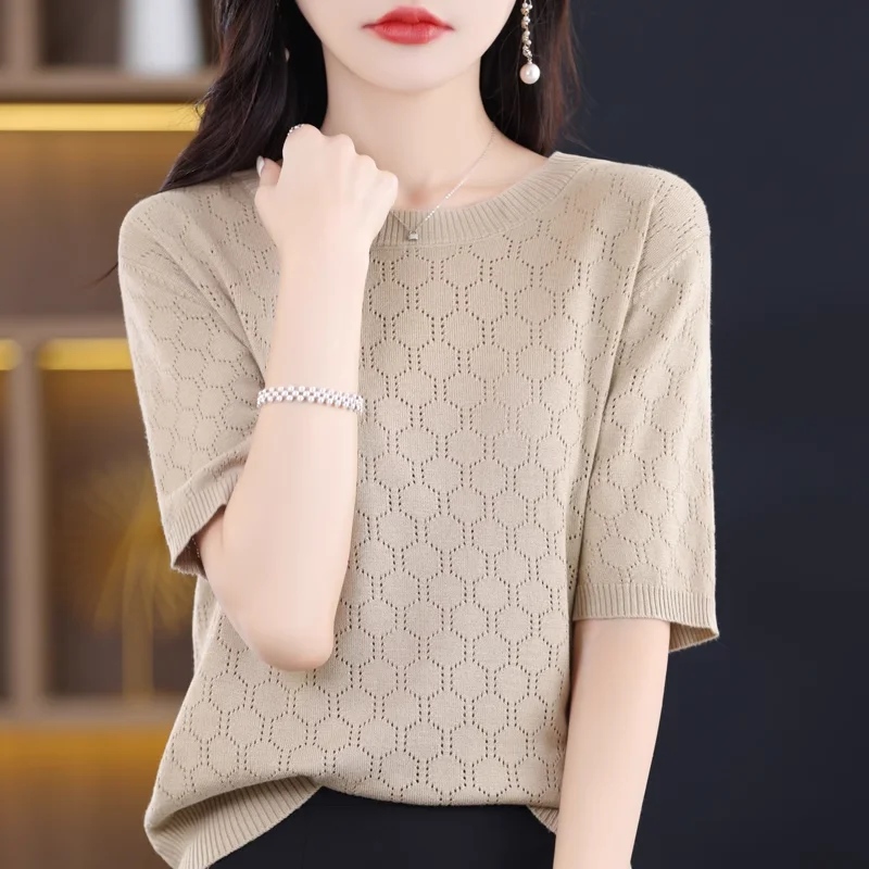 2024 New Ice Silk Knit T-Shirt Short Sleeve Top Women's Summer Round Neck Loose Plus Size Wear Cutout Half Sleeve Top 1 2024 New Ice Silk Knit T-Shirt Short Sleeve Top Women's Summer Round Neck Loose Plus Size Wear Cutout Half Sleeve Top 1