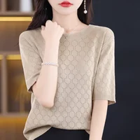 2024 New Ice Silk Knit T-Shirt Short Sleeve Top Women's Summer Round Neck Loose Plus Size Wear Cutout Half Sleeve Top 1