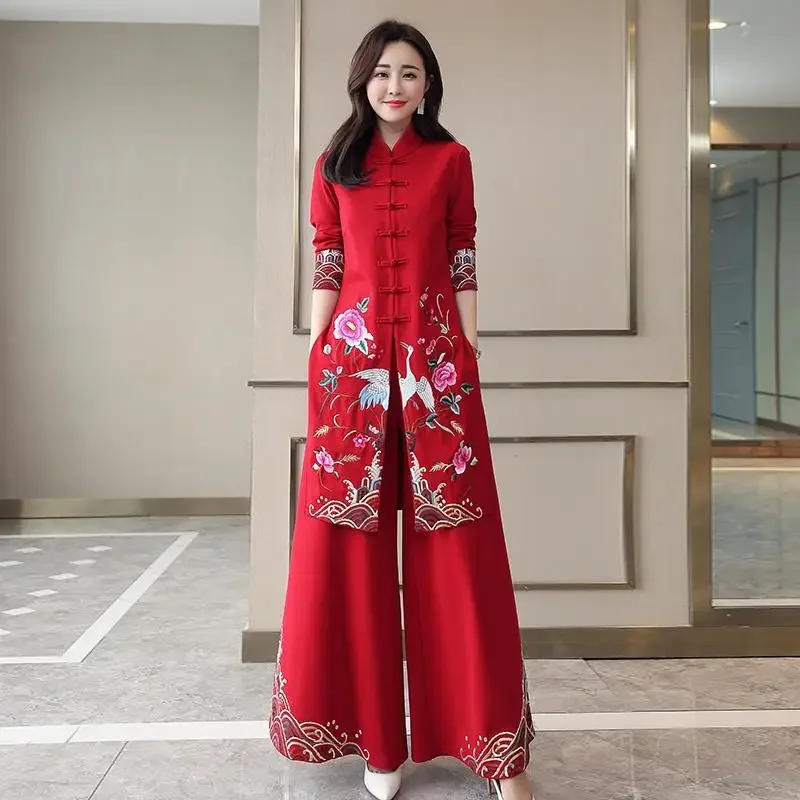 

Chinese Styles Vintage Women Hanfu Midi Qipao Two Pieces China Traditional Clothing Pants Set Tang Suit Robe Orientale Clothes