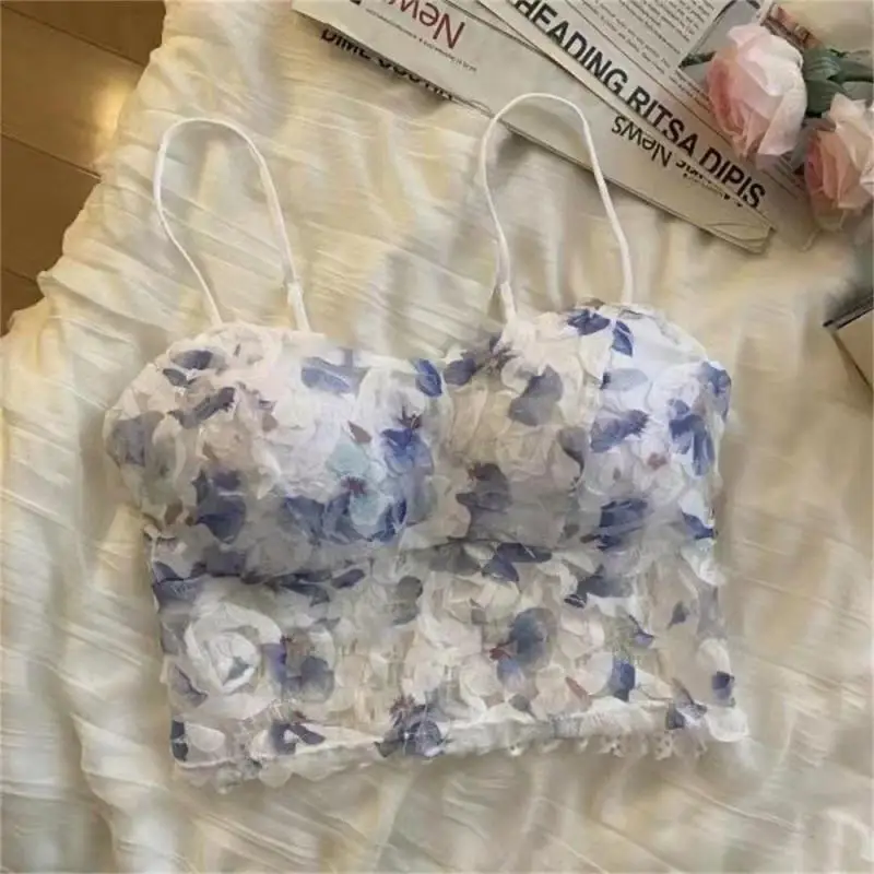 Summer Sweet Floral Corset Vest Office Lady Beach Style Sleeveless Delicate Floral Halter Top With Open Back And Midriff-Short