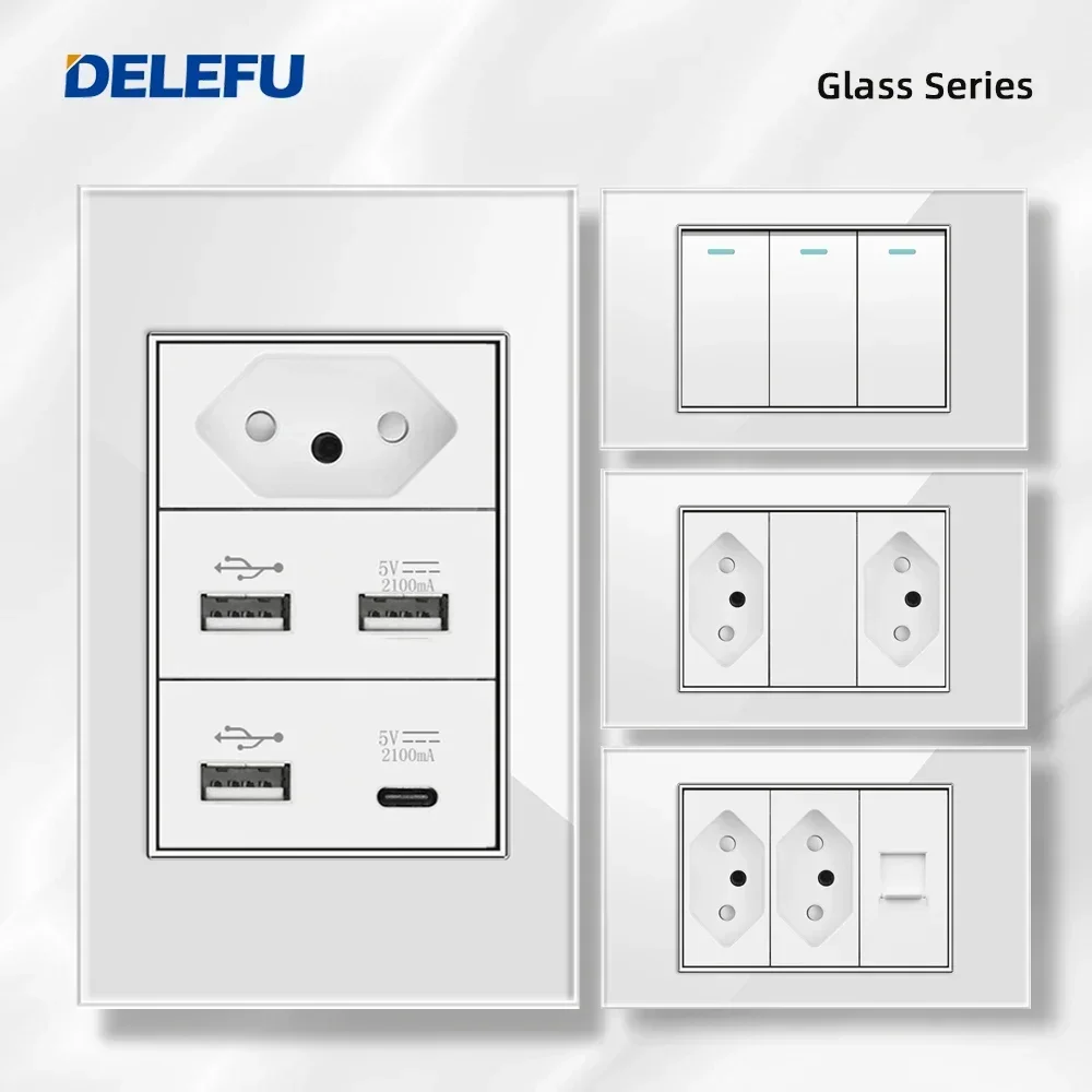 DELEFU 4*2 White Tempered Glass Brazil Standard Outlet Dual Usb Type C Wall Socket Light Switch Switzerland 10A 20A