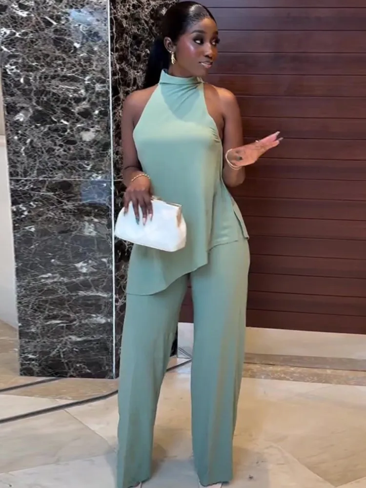 

Женский Повседневный Модный комплект из двух предметов, Летний Новый Топ без рукавов с открытыми плечами, жилет, длинные брюки с широкими штанинами