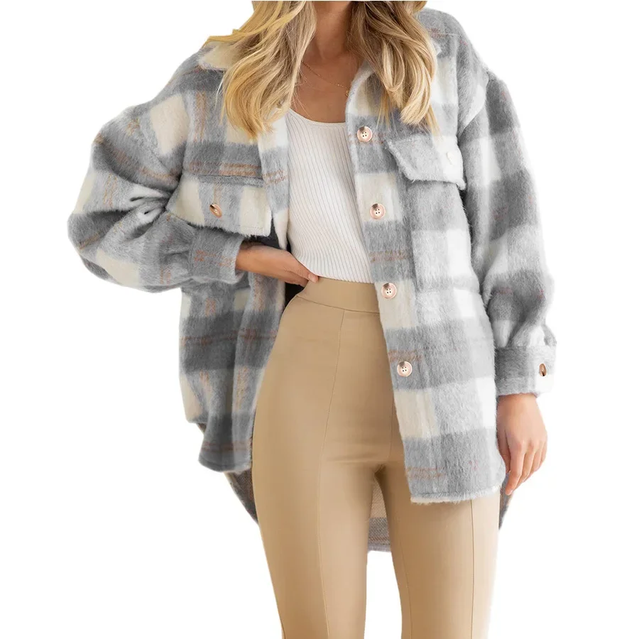 2023 Autumn And Winter New Women's Plaid Mohair Woolen Thick Coat Fashion Warm Shirt Coat