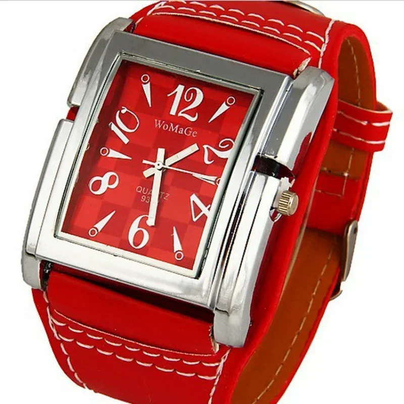 

Womage Fashion Rectangle Watch Women Big Watches Red Leather Band Analog Quartz Wristwatches Ladies Reloj Mujer Relogio Feminino