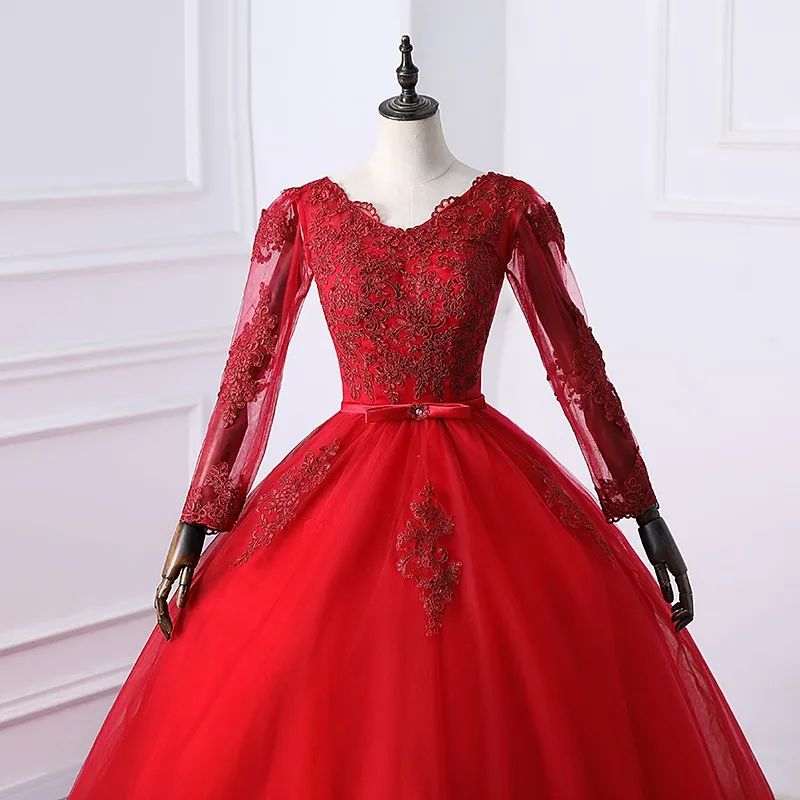 Long Sleeve Belt Lace Quinceanera Dress With Sweep Train Luxury Party Prom Dress Plus Size Vestidos 15 For Girl Customized