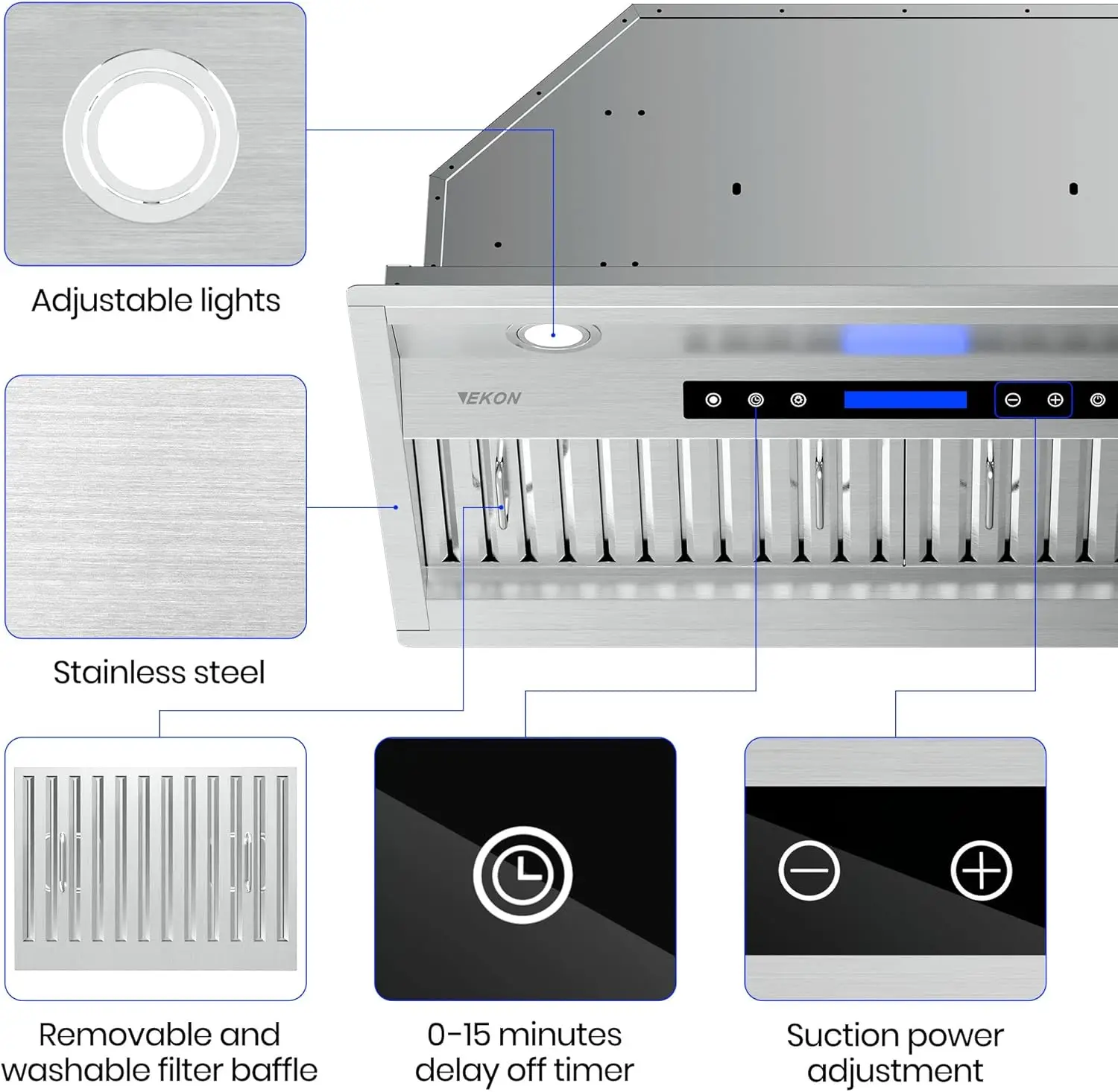 900CFM Range Hood Insert, Ducted/Ductless Convertible Built-in Range Hood with Remote/4-Speed Touch Control LCD Display 5
