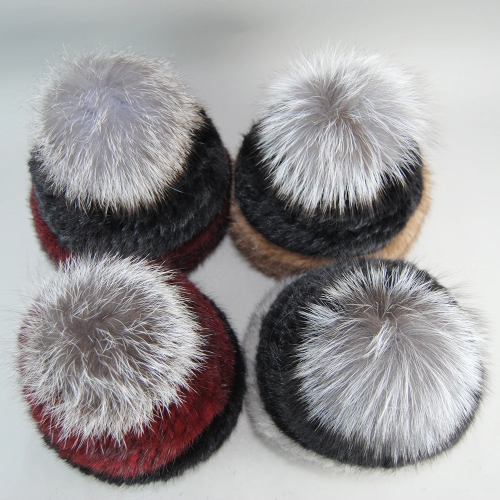Top Quality Natural Fox Fur Pom Poms Beanie Lady Fashion Women's Winter Knitted Mink Fur Patchwork Real Mink Fur Hat Cap 6