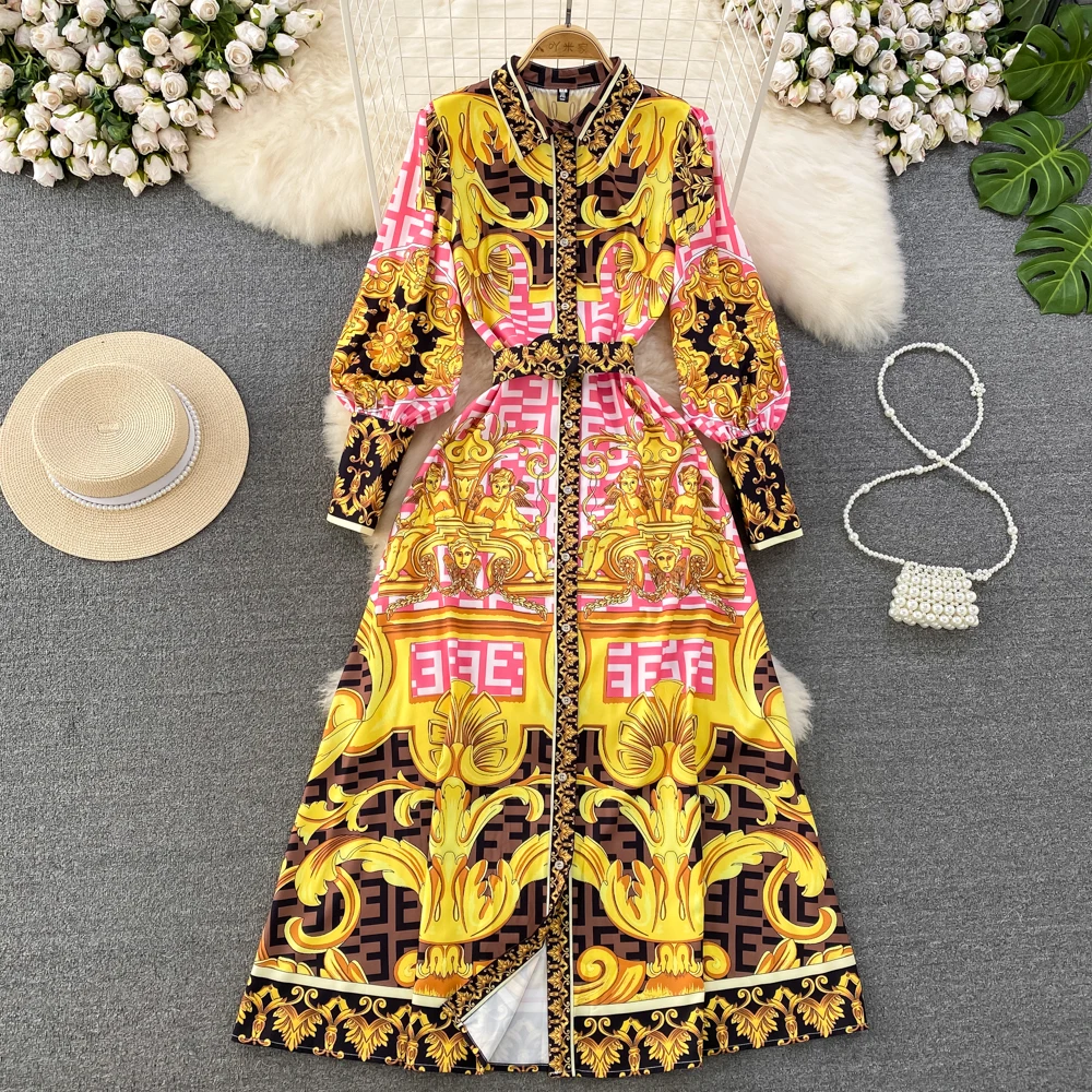

Vintage Long Sleeved Lapel with Waistband and Single Breasted Positioning Print A-line Shirt Dress Long Skirt