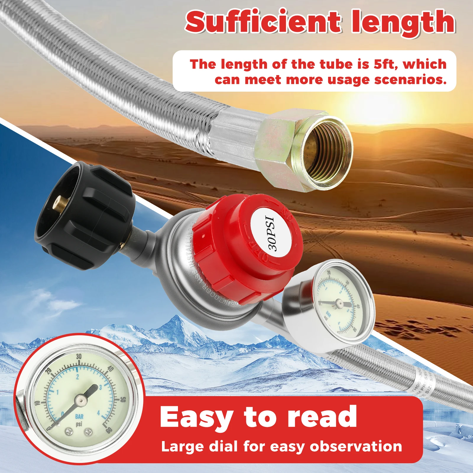 5FT Stainless Steel Brass Propane Regulator And Hose 30 PSI Adjustable Heat Resistant Gas Grill Regulator Hose for Camping Stove