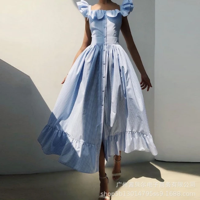 

Women's Dress 2024 Summer Fashion New Style Striped Ruffled Edge Waist Length Skirt Elegant Commuting Dress for Women