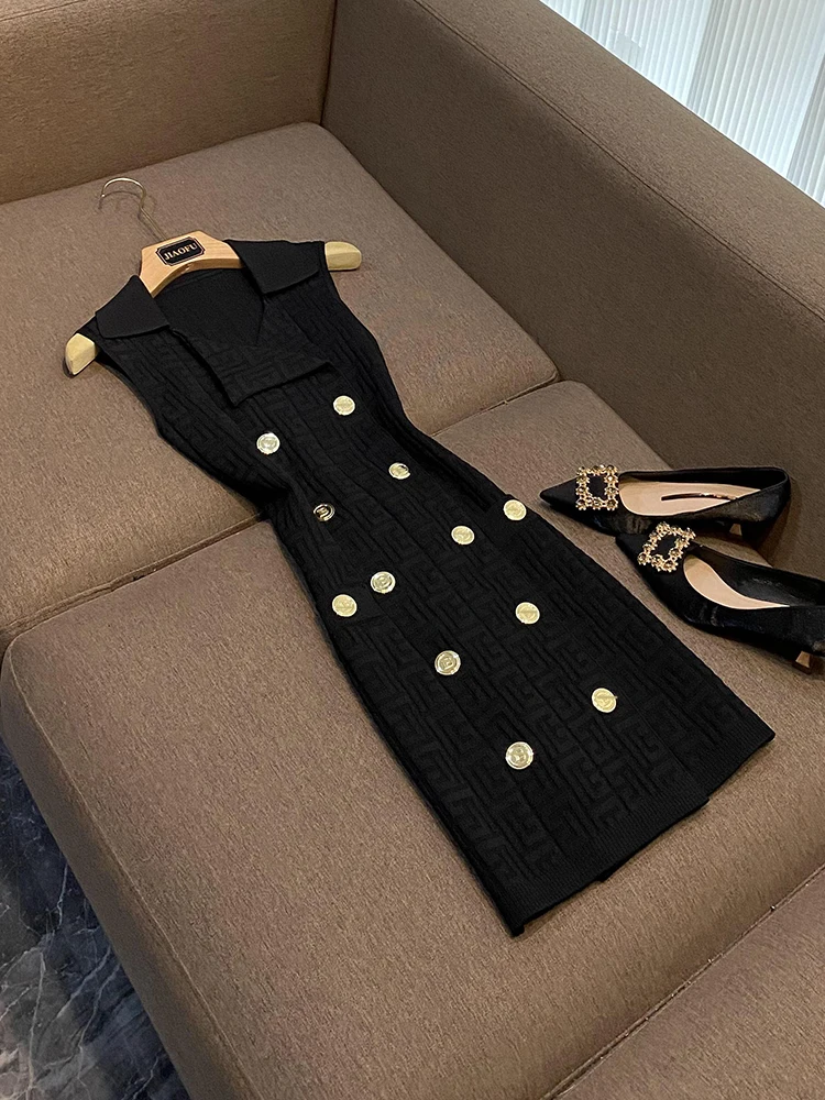 

Vintage Designed Turn-down Collar Sleeveless Lady Office A-line Double Breasted Women Elegant Knit Mini Dress