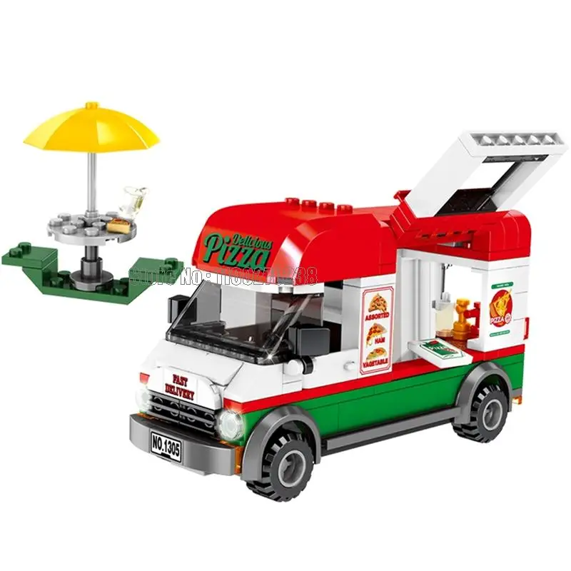 601305   240pcs 도시 피자 밴 상점 거리 테이크 아웃 테이크 아웃 자동차 빠른 배달 2 인형 빌딩 블록 장난감 어린이