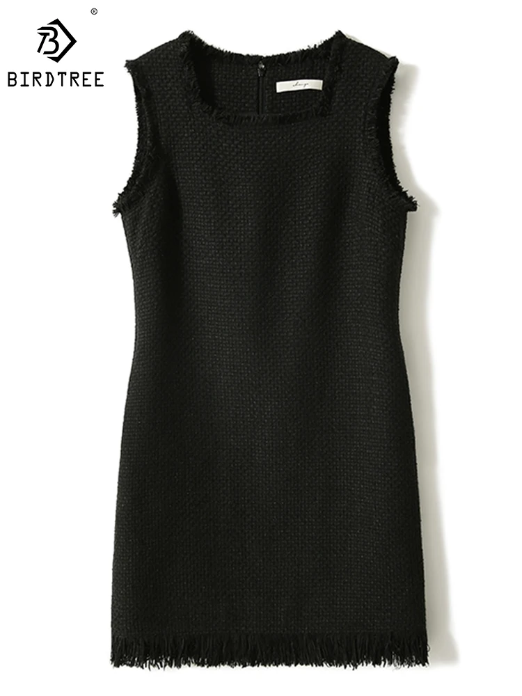 

Birdtree 12.8% Wool Elegant Dress Square Neck Sleeveless Solid Fringe Yarn Temperament Commuting Layered Midi Skirt D30759QD