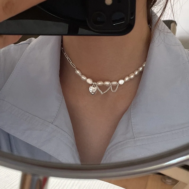ALLNEWME Cute Romantic Freshwater Pearl Asymmetric Beads Necklace for Women Irregular Heart Pendant Choker Necklaces Jewellery