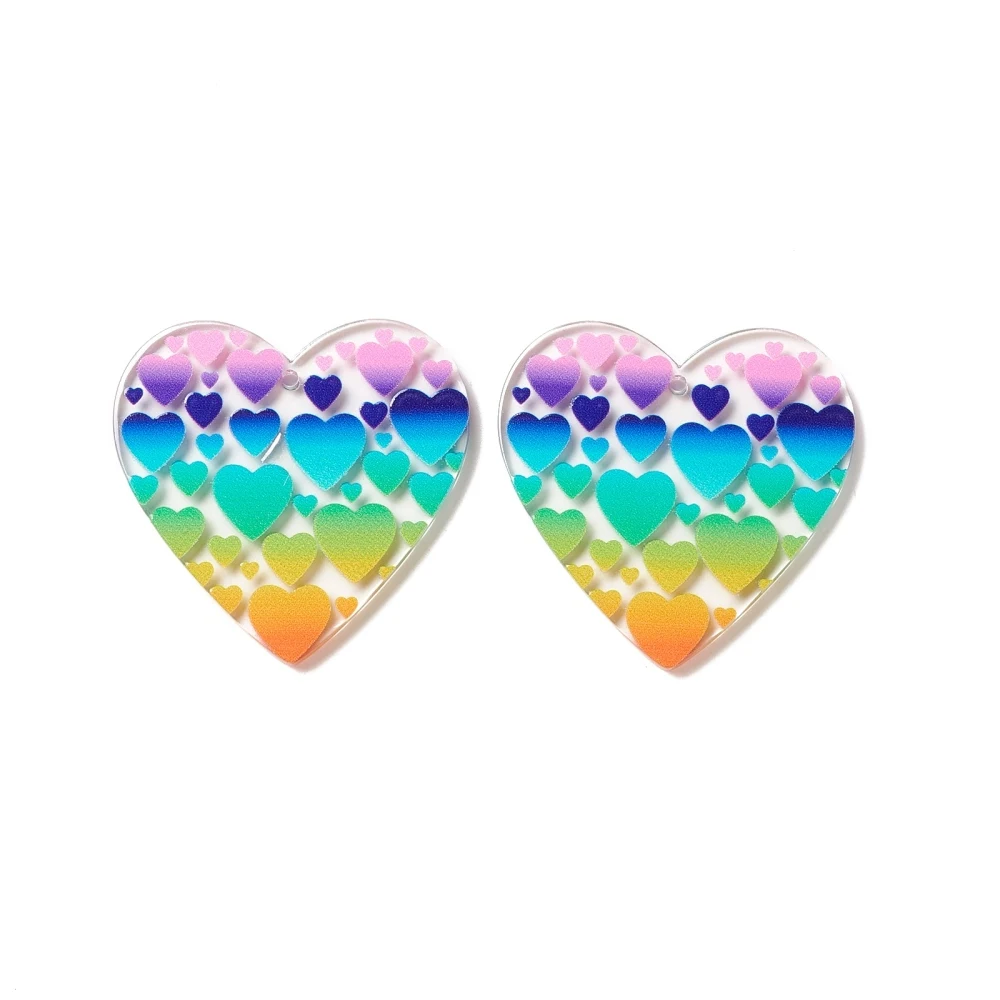 

20PCS Printed Transparent Acrylic Pendants Heart with Heart Pattern Colorful 39x39.5x2.5~2.8mm Hole: 2mm