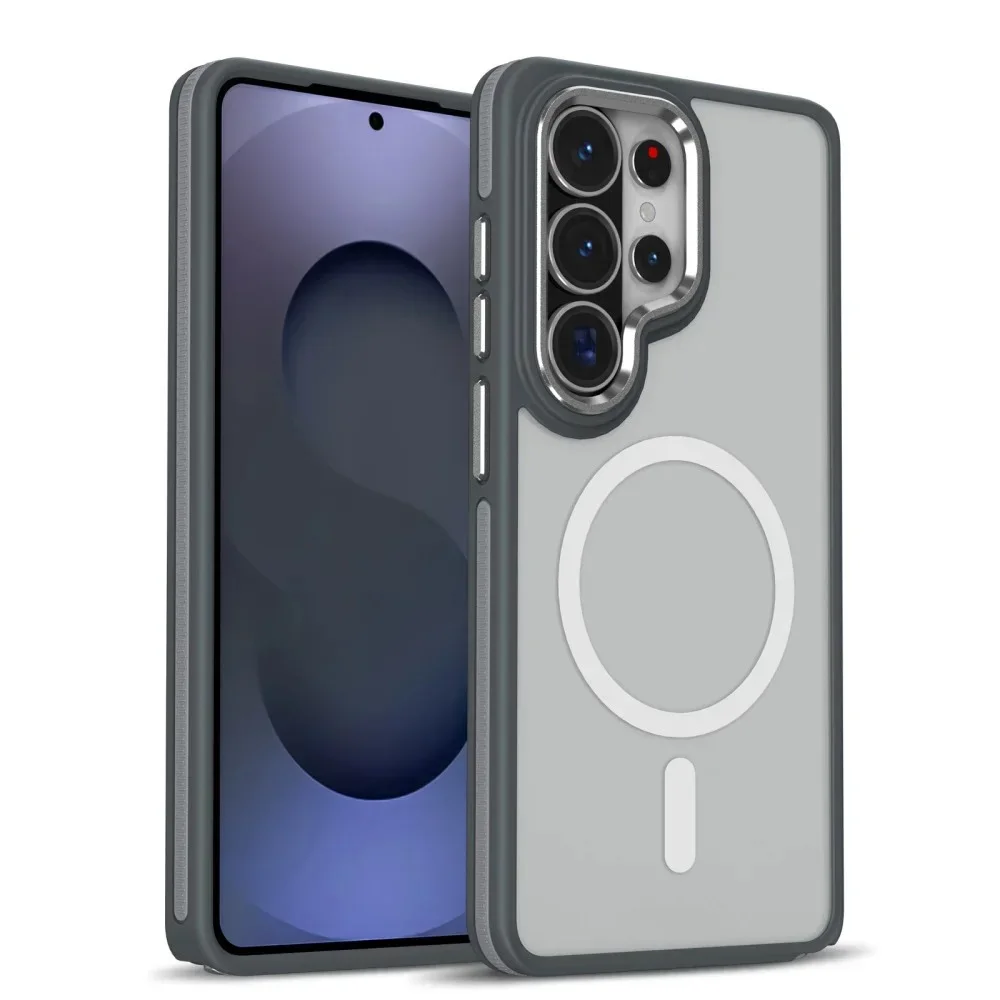 Sleek Metal Lens Holder Phone Case with Wireless Charging and Magnetic Stand Compatibility